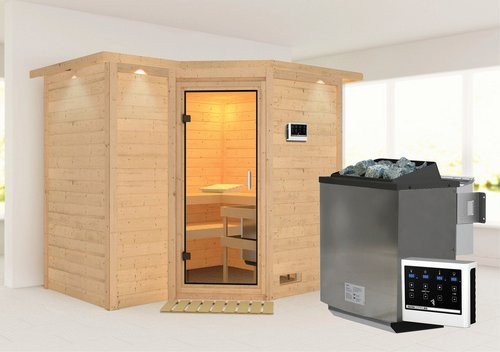 Karibu Riga 2 Bio-Kombi-Sauna aus Fichtenholz für 4 Personen inklusive 9 kW Saunaofen mit externer Steuerung, beige, B/T/H: 264 x 198 x 212 cm - Bild 1