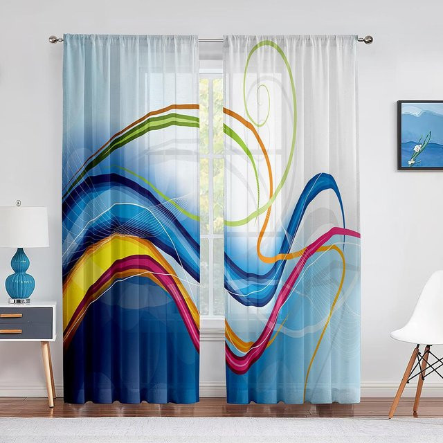 Luxuriöser Chiffon-Vorhang mit abstraktem Wellenmuster und Farbverlauf, transparentes Voile-Dekor mit Ösen, Multicolour, Breite: 100 cm, Höhe: 250 cm - Bild 1