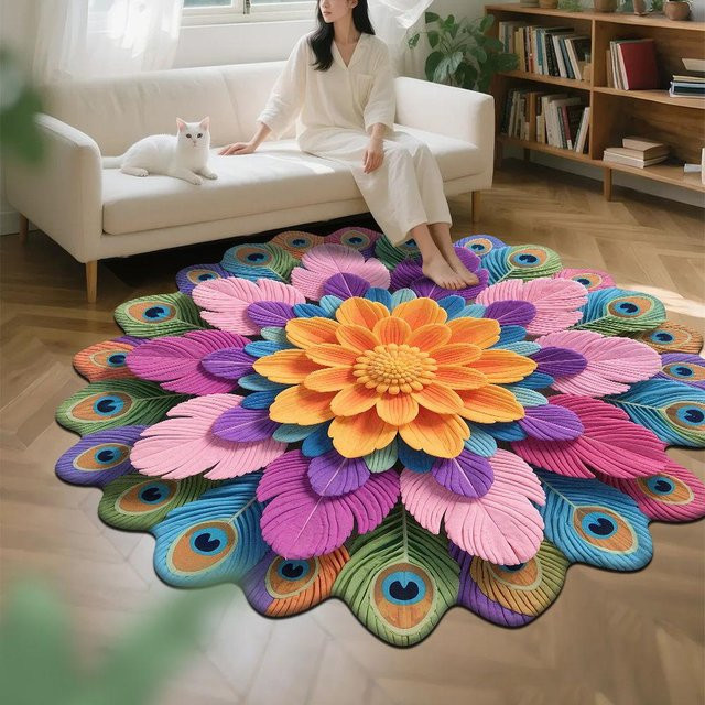 Chocolate Home Rundteppich in Pfingstrosen-Optik mit 3D-Blütenblatt-Design, Multicolour, Durchmesser: 120 cm - Bild 1