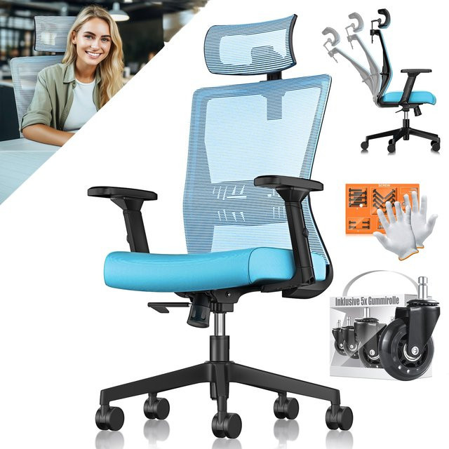 Ergonomischer KESSER Bürostuhl mit verstellbaren Armlehnen, Kopfstütze und Lendenwirbelstütze, Drehstuhl mit Wippfunktion und Gummirollen - Bild 1