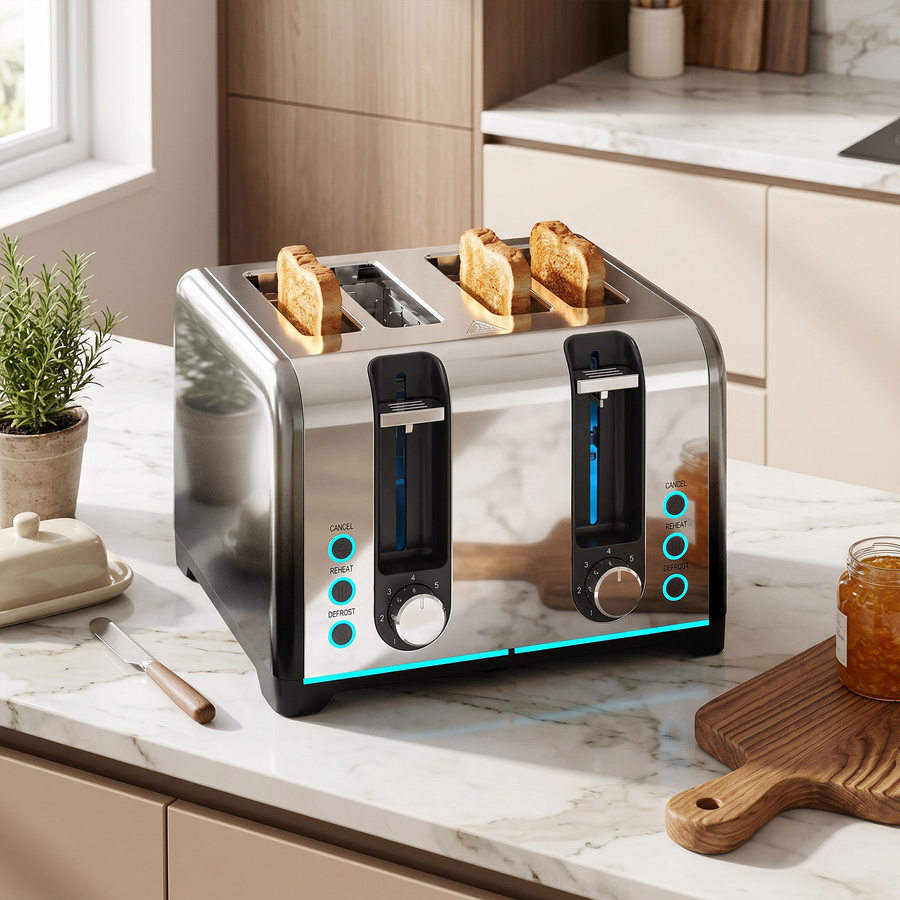 HOMCOM Toaster für 4 Scheiben in Schwarz und Silber mit 1860 W, 7 Bräunungsstufen, Aufwärm-, Auftau- und Abbruchfunktion sowie herausnehmbarer Krümelschublade - Bild 2