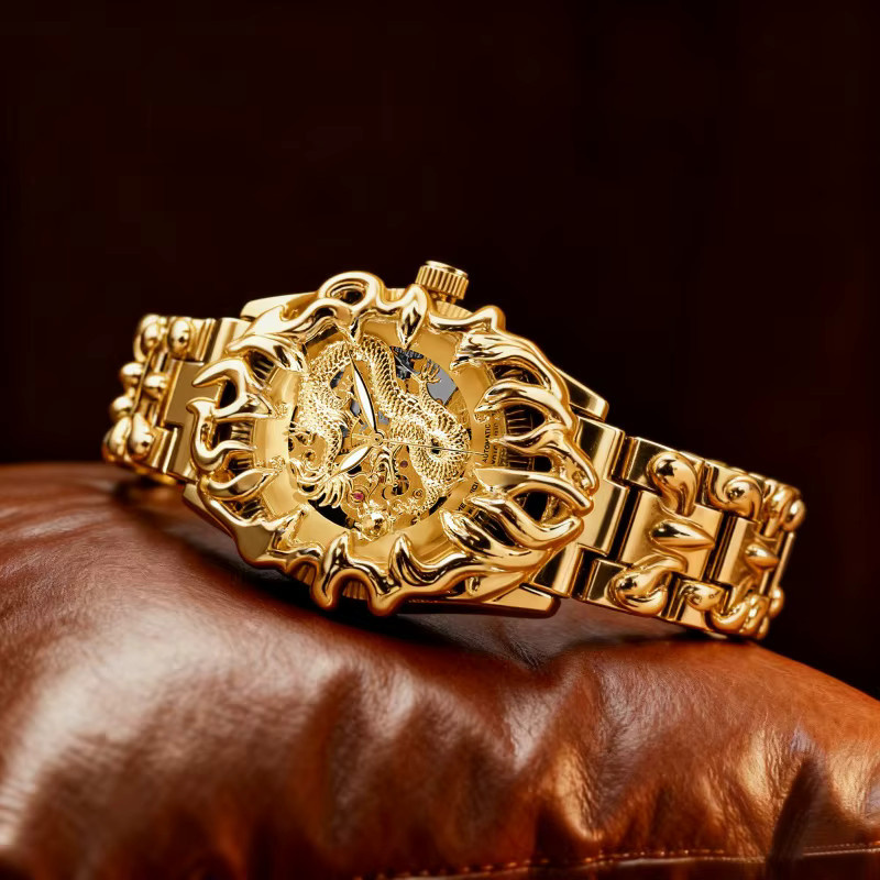 MEIRUIQI Armbanduhr Automatik, Edelstahl, Gold, Herren, Drachenmuster - Bild 4