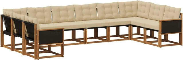 vidaXL Outdoor-Sofagarnitur in L-Form aus Akazien-Massivholz mit 10 Kissen in Natur und Beige - Bild 1