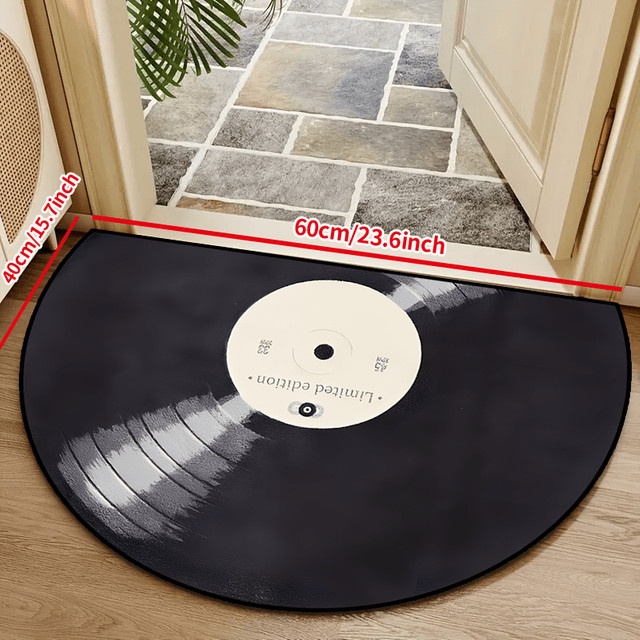 VIKAMA Halbrunde Vinyl-Fußmatte mit Retro-Schallplatten-Design in Schwarz, B: 120 cm, T: 80 cm - Bild 1