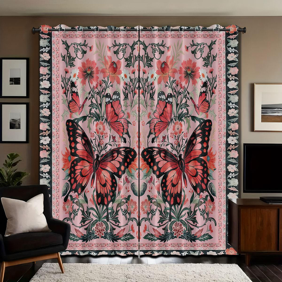 Set aus 2 lichtblockierenden Vorhängen mit Schmetterlingsdruck in Multicolor, dekorative Retro-Muster zur Isolierung, B: 100 cm, H: 70 cm - Bild 2