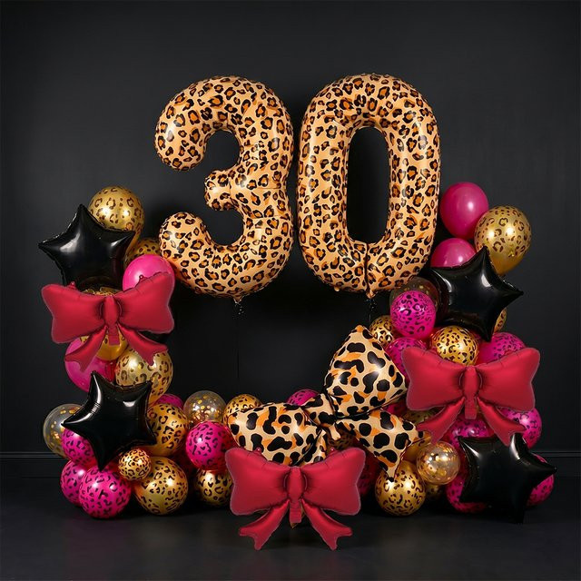 EsenTroye Leoparden-Geburtstagsparty-Dekoration mit Gepardenmuster Große Nummer 30 Folienballons und Mylar-Schleifen - Bild 1
