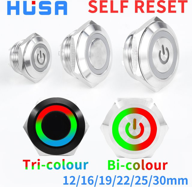 HUSA Mini Metall Druckschalter RGB LED Momentary Wasserdicht aus Edelstahl in Silber und Multicolour - Bild 1