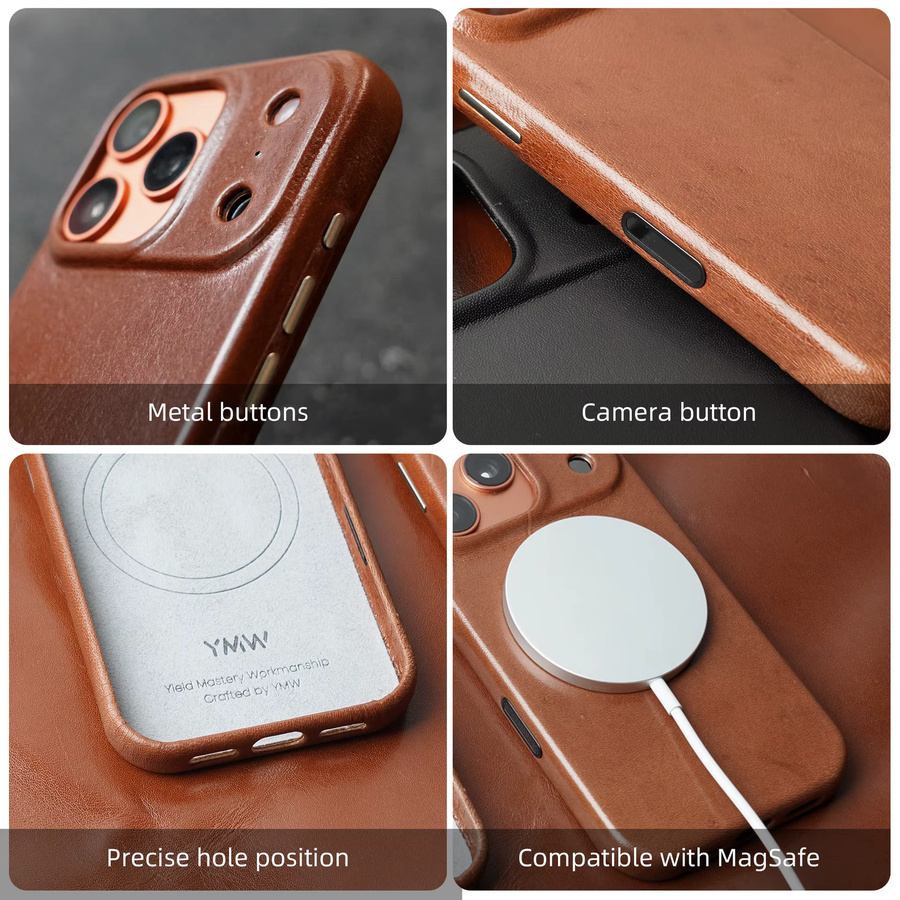 YMW Scars Italienische Känguru-Echtledertasche als magnetische Handyhülle für iPhone 17 16 15 Pro Max in Blau und Braun - Bild 3