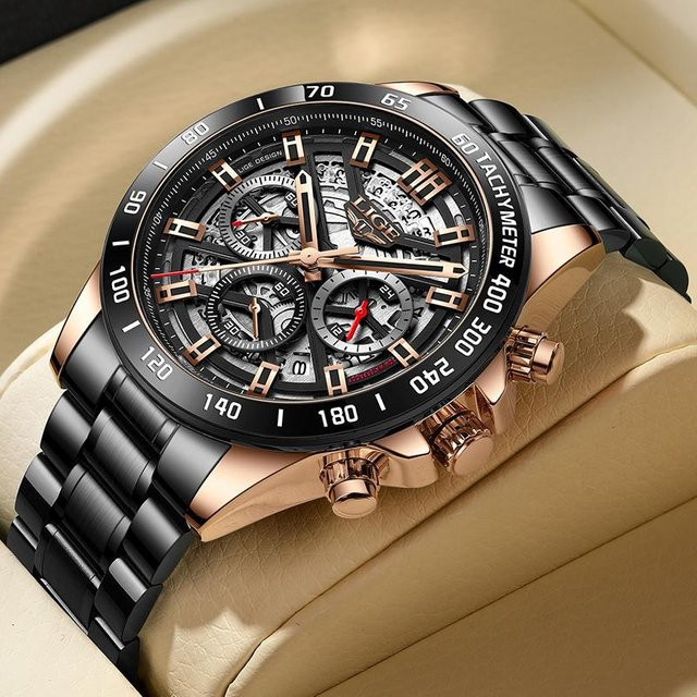 LIGE Armbanduhr Edelstahl, Quarzuhr, gold/schwarz, Herren - Bild 1