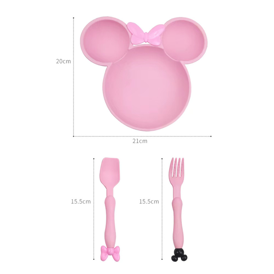 SLAIXIU 3-teiliges Cartoon Baby Geschirr Set aus Weizenstroh in Pink mit Schüssel, Teller, Löffel und Gabel - Bild 3