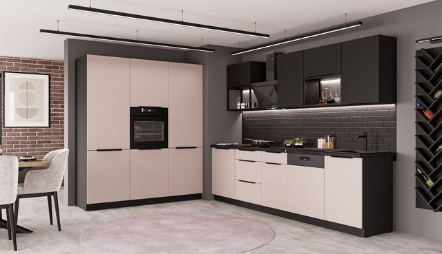 Küchenzeile ARONA + SIENA LOFT Küchenblock in Kaschmir und Schwarz matt, B/T/H: 280 + 180 cm - Bild 1