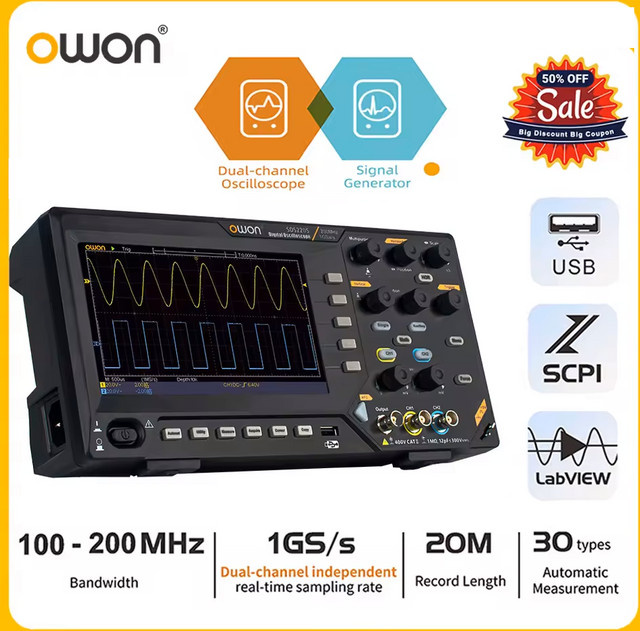 Digitales Oszilloskop OWON SDS200-Serie in Schwarz mit Dual-CH 100/200 MHz, 25 MHz Signalgenerator, FFT-Analyse und 6-stelligem Frequenzzähler - Bild 1