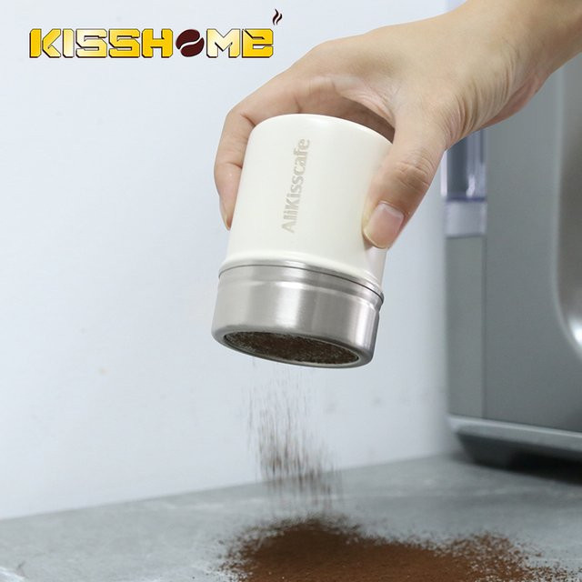 AliKisscafe Barista Sieb mit Deckel aus Edelstahl für Kakaomehl und Kaffeepulver, rund, Silber/Weiß - Bild 1