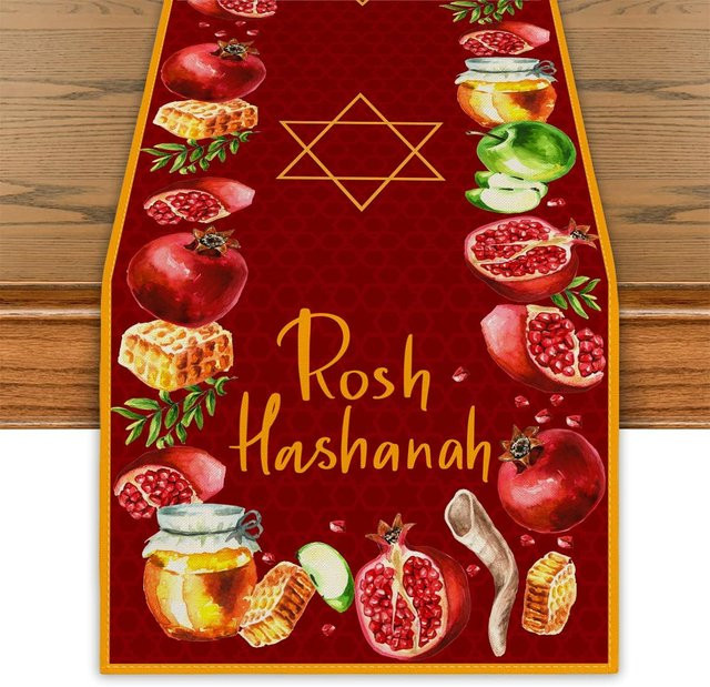 JMG Household Supplies Leinen Tischläufer Rosh Hashanah Shana Tova mit Granatapfel und Schofar Horn, Farbe: Rot, Breite: 33 cm, Länge: 150 cm - Bild 1