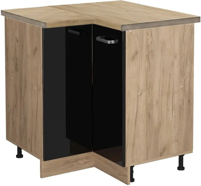 Vicco R-Line Eckunterschrank für die Küche in Schwarz Hochglanz und Goldkraft Eiche, B/T/H: 75,6 x 60,0 x 81,6 cm - Bild 1