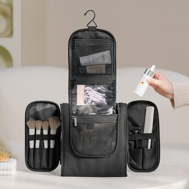 LIJIAO Reise-Toilettentasche aus wasserdichtem Oxford-Stoff mit Haken und Doppelöffnung, Make-up-Aufbewahrungstasche mit Griffen, Beige und Schwarz, Breite: 24,0 cm, Tiefe: 24,0 cm - Bild 1