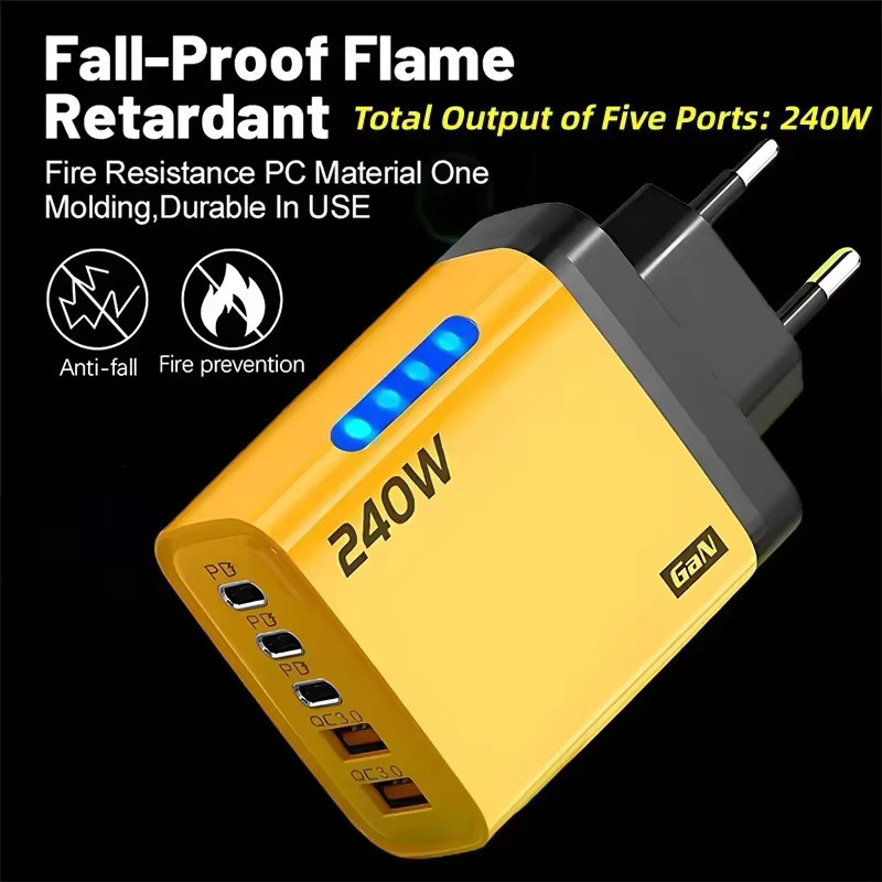 Lenovo 240W USB C GaN Super Schnellladegerät mit LED-Licht und Multi Port für iPhone Samsung Huawei Xiaomi in Gelb - Bild 3