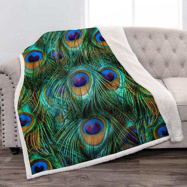 Jekeno Überwurfdecke mit Pfauenfedern Design, weiche Fleece und Sherpa Decke in Multicolour, B/T: 127 x 101 cm - Bild 1