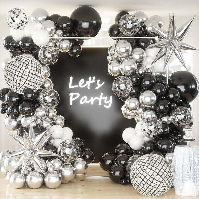 YAYB Ballongirlande Set mit Discokugeln in Silber, Schwarz und Weiß für deine Geburtstagsparty oder Silvesterfeier, 135 Stück - Bild 1
