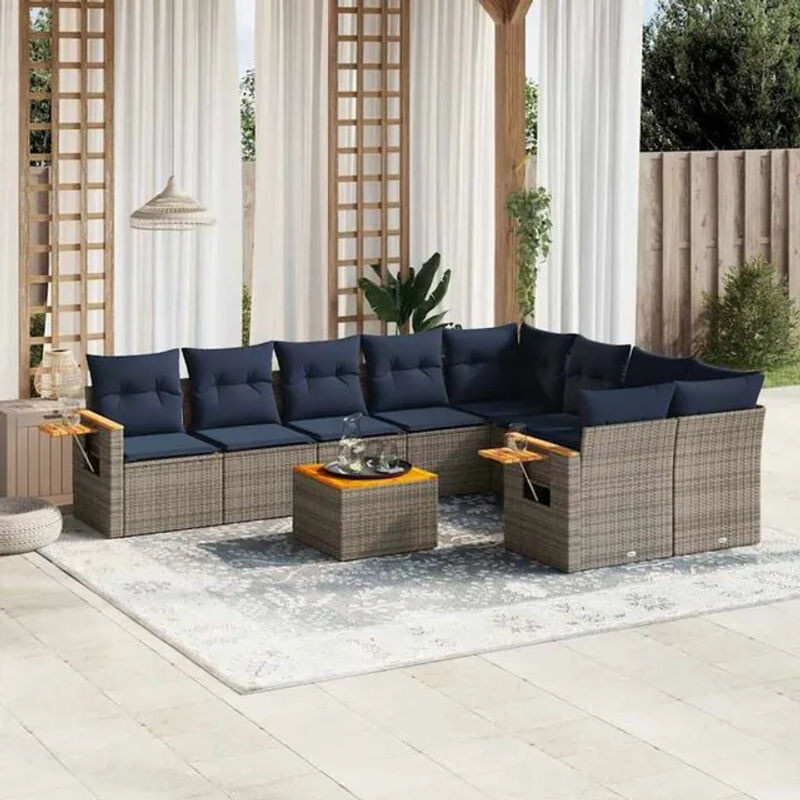10-teilige moderne Garten-Sofagarnitur aus Poly-Rattan mit Kissen in Grau von vidaxl - Bild 1