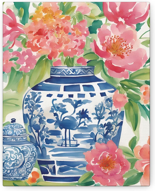 SHENCHEN Chinoiserie Wandkunst aus Leinwand mit floralem Aquarell-Blumenmuster in Mehrfarbig - Bild 1