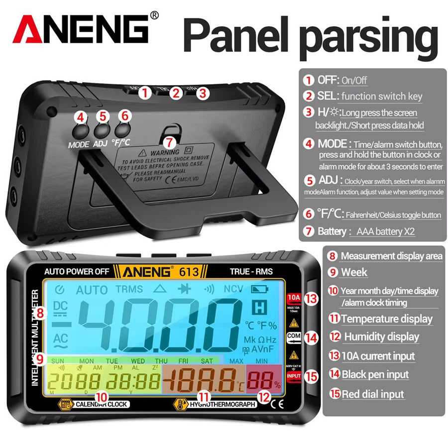 ANENG 612/613 3-in-1 Smart Digital-Multimeter in Rot für AC/DC-Spannung, Kapazität, Widerstand und Frequenz mit Kalender und Buzzer - Bild 3