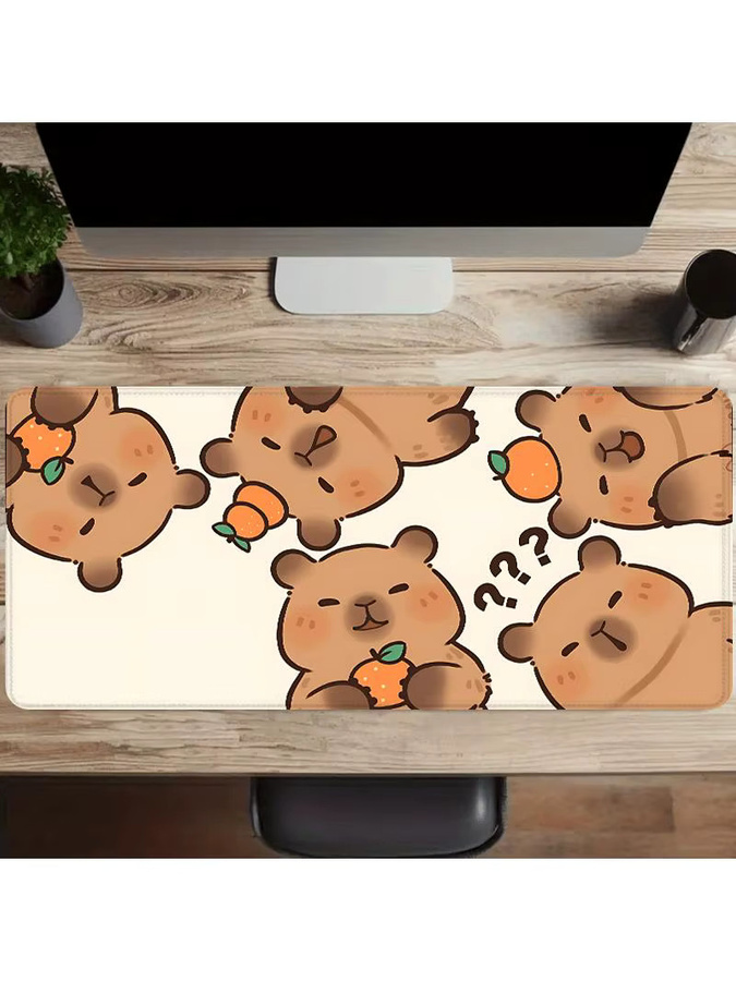 Extra großes Mauspad mit Capybara und Mandarinen Motiv in Multicolour, rutschfeste Gummiunterseite und genähte Kanten für Gaming und Büro - Bild 6