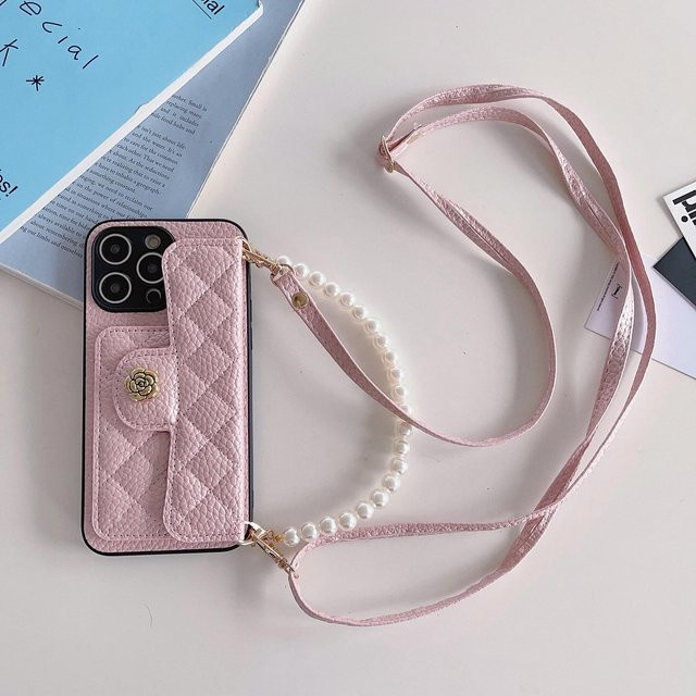 Yiran Crossbody Handyhülle mit Perlenarmband und Kartenhalter aus Leder für iPhone, Farbe: Pink - Bild 1
