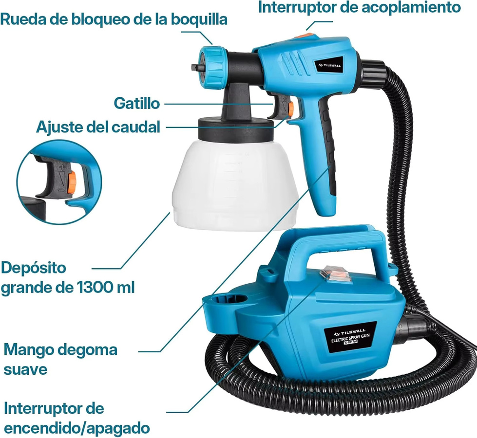 Parrior HVLP Farbspritzgerät mit 800W, elektrische Farbspritzpistole in Blau mit 1300 ml Behälter und einstellbarer Durchflussregelung - Bild 4
