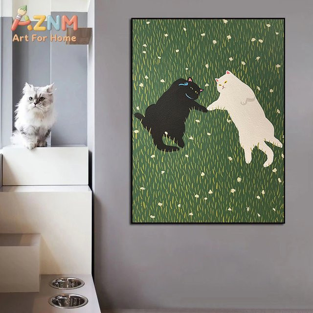 Potdemiel Leinwandgemälde mit lustigen Cartoon-Katzen und Pflanzen in Mehrfarbig, Wandkunst Poster für dein Wohnzimmer ohne Rahmen - Bild 1