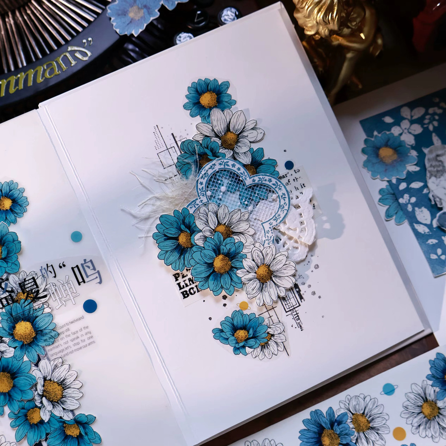 VanGogh Garden Washi Tape mit blauem Chrysanthemen-Blumenmuster und PET-Aufklebern - Bild 3