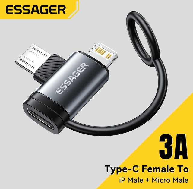 Essager 2 in 1 Beleuchtung und Mikro-Adapter mit USB-Typ-C-Buchse für schnelles Aufladen, Farbe Grau - Bild 1