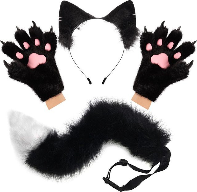 YIRAN Katzenohren, Katze Langer Schwanz, Katzenpfoten Handschuhe Set, Schwarz - Bild 1