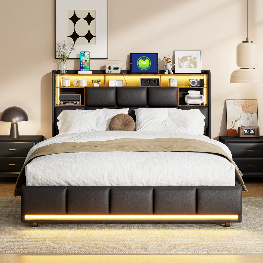 Rosahqnda Doppelbett für Erwachsene mit LED-Beleuchtung und Ablagefächern, gepolstert, Farbe: Schwarz, B/T/H: 160 x 200 cm - Bild 2