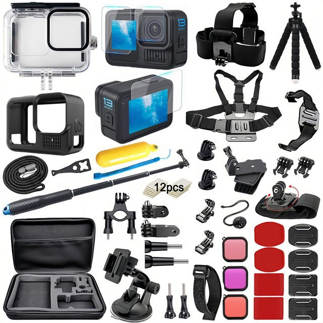 BMUUPY Zubehör-Set für GoPro Hero 13 Black in Schwarz mit wasserdichtem Gehäuse, Displayschutz, Halterungen, Selfie-Stick, Mini-Stativ, Filtern und Tragetasche - Bild 1