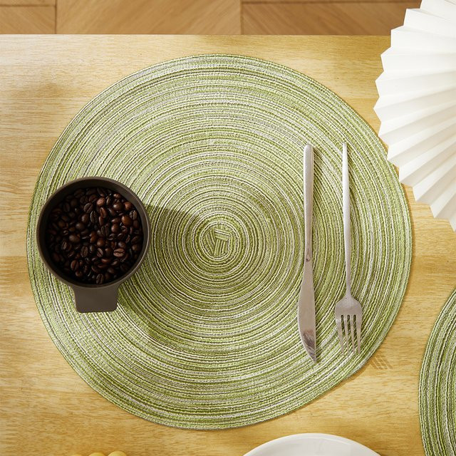 4er Set runde Tischsets aus handgeflochtenem Rattan in Beige und Grün, Durchmesser: 38,1 cm - Bild 1