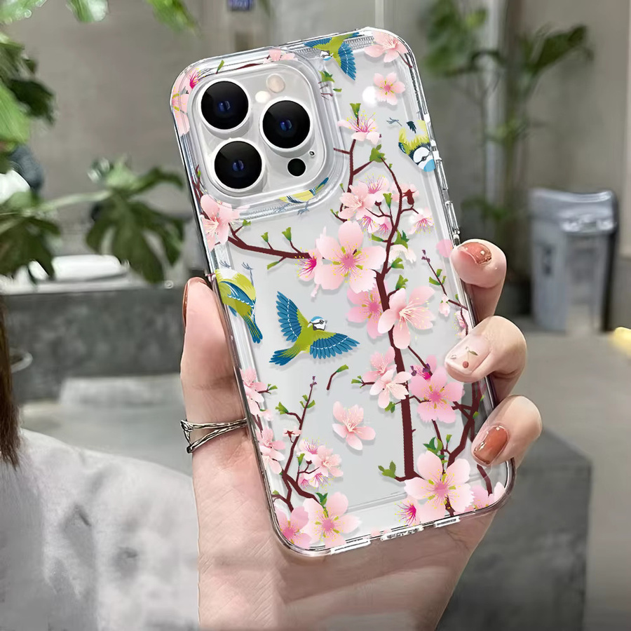 Transparente Handyhülle mit Vintage Kirschblüten- und Vogel-Print für iPhone 17 16 15 14 13 12 11 Pro Max aus TPU mit Anti-Sturz Schutz - Bild 3