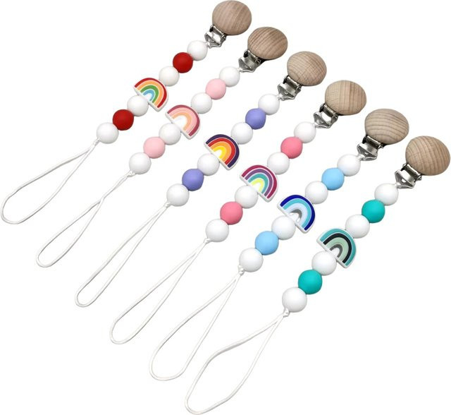Panplay Schnullerclip für Babys mit Silikon-Regenbogenperlen und Buchenholz in Mehrfarbig - Bild 1