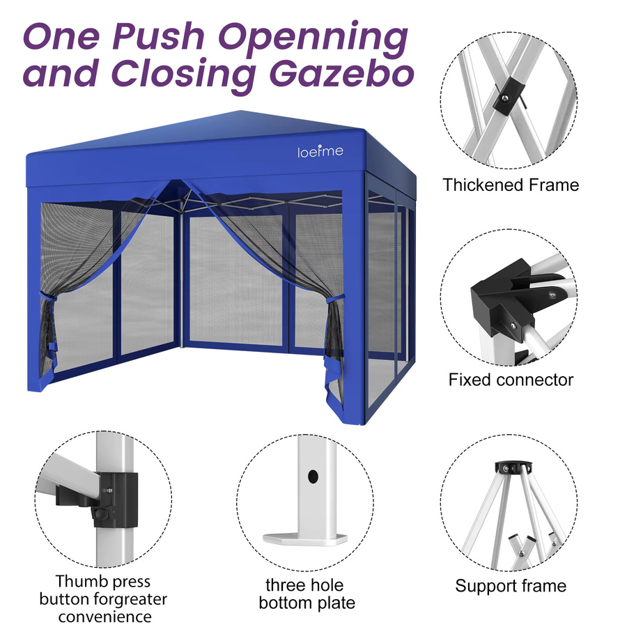 LOEFME Pop-Up Pavillon mit Moskitonetz in Blau, wasserdichtes Zelt mit UV-Schutz für Camping, Terrasse und Garten, B/T: 300 x 300 cm - Bild 6