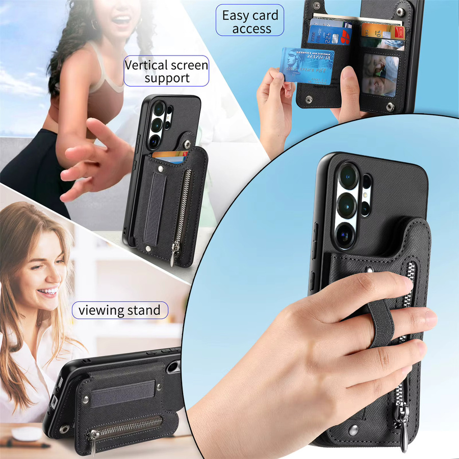 Leder-Handyhülle mit Reißverschluss, Kartenfächern und Ständerfunktion für Samsung Galaxy S26 S25 S24 S23 S22 Ultra Plus FE in Schwarz - Bild 2