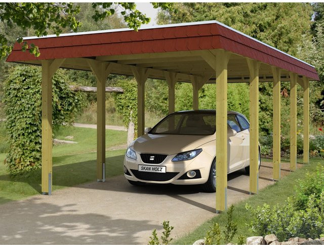 Skan Holz Carport Spreewald aus Nadelholz mit roter Blende und Regenrinne, B/T/H: 741 x 345 x 241 cm - Bild 1