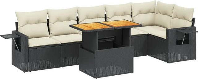 vidaXL 7-teilige Garten-Sofagarnitur aus Polyrattan in Schwarz mit cremeweißen Kissen und Akazienholz-Elementen - Bild 1