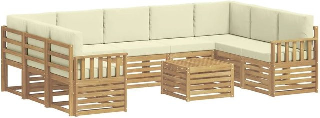 vidaXL Outdoor-Sofagarnitur 8-teilig in L-Form aus Akazienholz mit Polsterkissen in Weiß und Beige, B/T/H: 59 x 59 x 37 cm - Bild 1