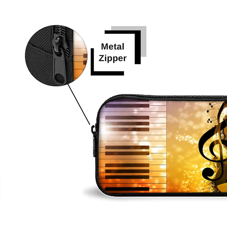 Einschichtiges Federmäppchen mit Musiknoten-Aufdruck für Kinder, weiß und mehrfarbig, aus Polyester mit Metall-Reißverschluss - Bild 3