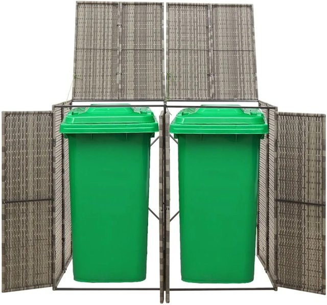 vidaXL Mülltonnenbox für 2 Tonnen aus Poly Rattan in Grau, B/T/H: 140 x 80 x 117 cm - Bild 1