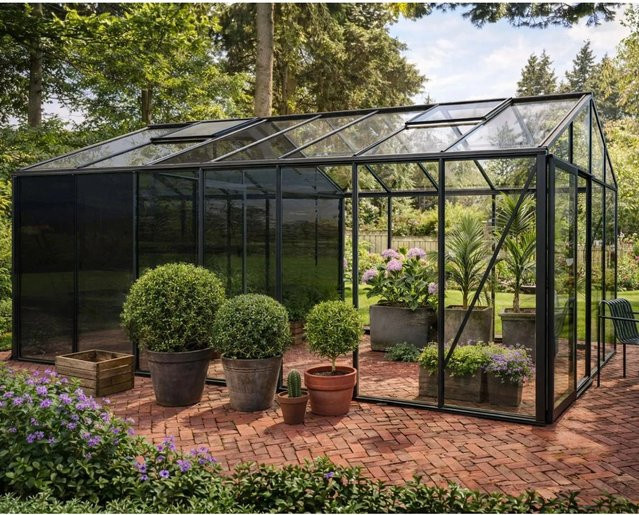 Bloomcabin Gewächshaus Klassik in Schwarz mit integriertem Stauraum, Dachfenstern und Belüftungssystem aus Aluminium und Sicherheitsglas - Bild 1