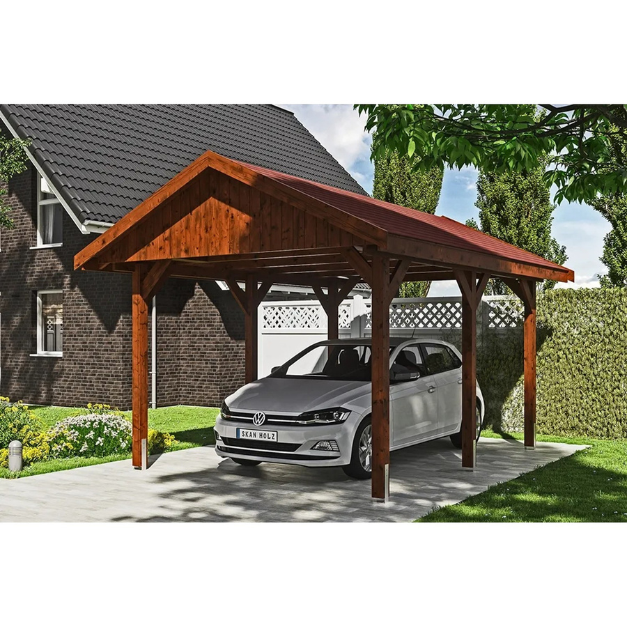 SKANHOLZ Carport Wallgau Satteldach in Nussbaum mit roten Schindeln, B/T: 380 x 500 cm, Höhe: 313 cm - Bild 2