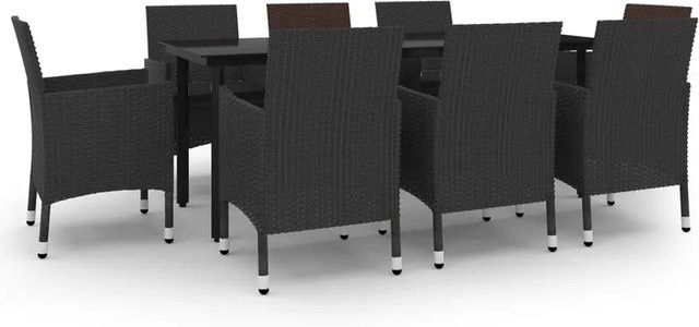 vidaXL 9-teilige Garten-Essgruppe aus Poly-Rattan und Glas in Schwarz mit Auflagen - Bild 1