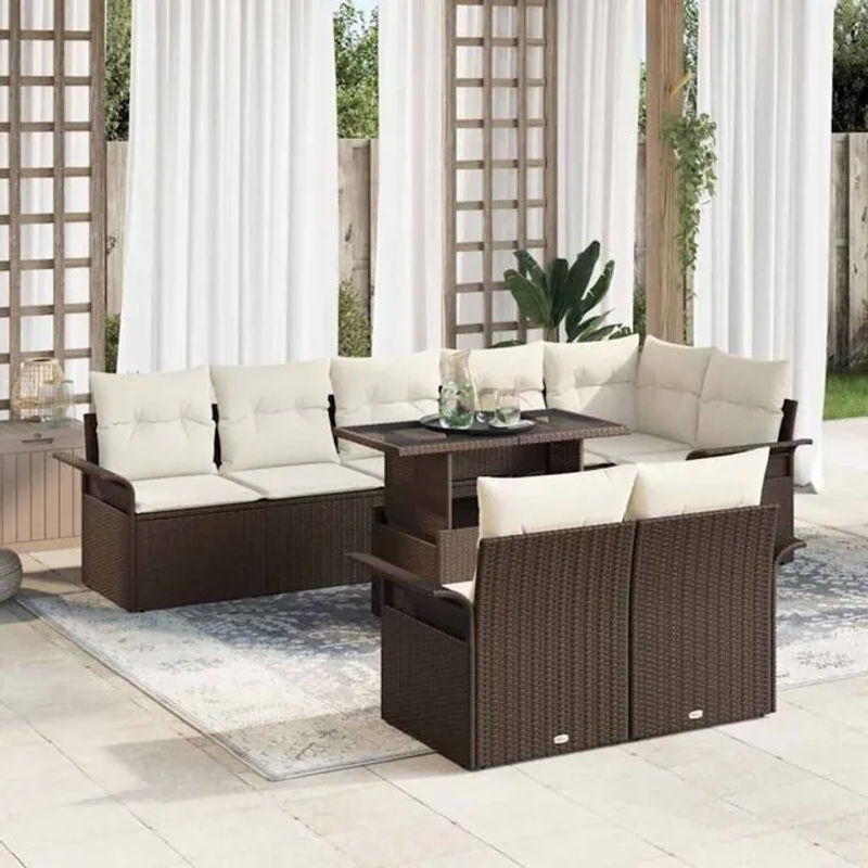 Vidaxl Garten-Sofa-Set aus Polyrattan mit 9-teiligem Kissen-Set in Braun inklusive Glastisch und modernen Loungemöbeln - Bild 1