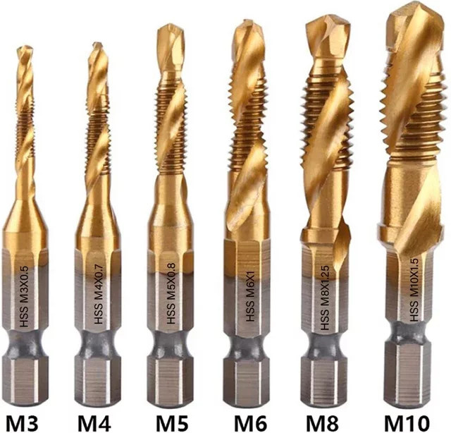 Sanke Rescue Gewindebohrer Bits aus HSS mit Titan-Beschichtung und Sechskantschaft, Metrisch, Farbe: Silber, Set M3 M4 M5 M6 M8 M10 - Bild 1